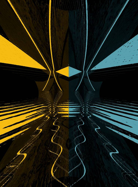 φωτεινό μπλε και κίτρινο τρίγωνα σε μαύρο φόντο μετατρέπεται σε σχέδια και σχήματα με αντανάκλαση - Φωτογραφία, εικόνα