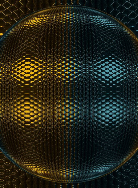 leuchtend blaue und gelbe Dreiecke auf schwarzem Hintergrund, die durch Reflexion in Muster und Formen verwandelt werden - Foto, Bild