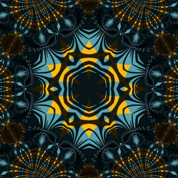 bright blue and yellow triangles on black background transformed into patterns and shapes by reflection - Photo, Image