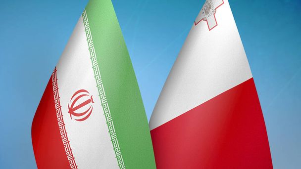 Iran en Malta twee vlaggen samen blauwe achtergrond - Foto, afbeelding