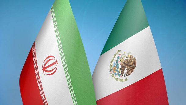 Iran en Mexico twee vlaggen samen blauwe achtergrond - Foto, afbeelding