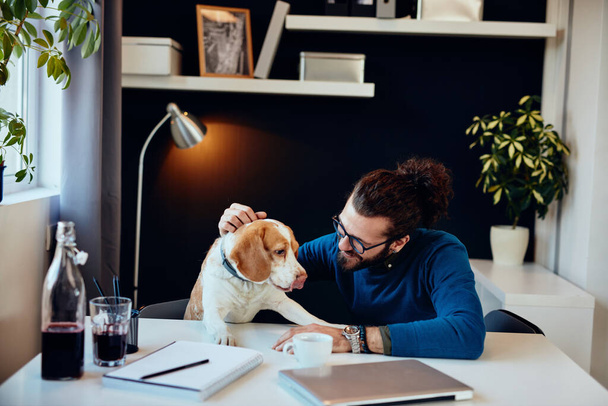 Uomo d'affari che gioca con il suo cane in ufficio. - Foto, immagini