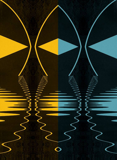 helderblauwe en gele driehoeken op zwarte achtergrond omgezet in patronen en vormen door reflectie - Foto, afbeelding