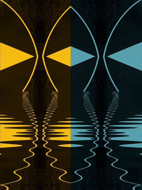 bright blue and yellow triangles on black background transformed into patterns and shapes by reflection - Photo, Image