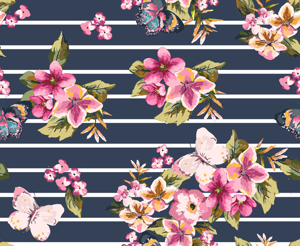 Şerit background1 üzerinde sorunsuz çiçek desenli kelebek - Vektör, Görsel