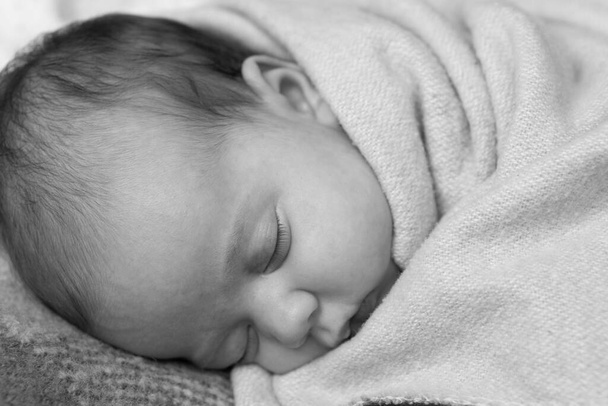 infancy, childhood, development, medicine and health concept - close-up smiling face of newborn sleeping baby girl lying on stomach covered wrapped in warm soft blanket. Black and white Copy space - 写真・画像