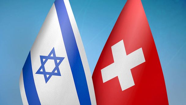 Israël en Zwitserland twee vlaggen samen blauwe achtergrond - Foto, afbeelding