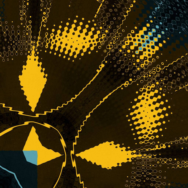 φωτεινό μπλε και κίτρινο τρίγωνα σε μαύρο φόντο μετατρέπεται σε σχέδια και σχήματα με αντανάκλαση - Φωτογραφία, εικόνα