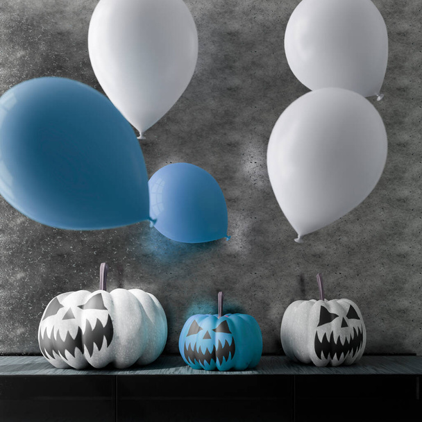 Illustrazione 3D della decorazione di Halloween del salotto. Zucche e palloncini. Rendering 3D - Foto, immagini
