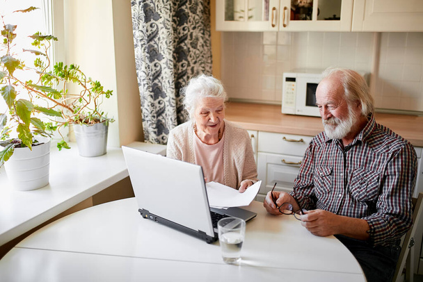 Smiling mature couple with documents and laptop in home interior - Foto, Imagen