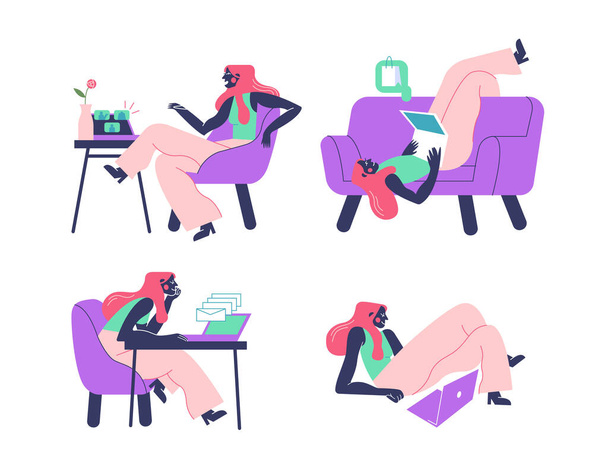 Everyday life of a young freelancer woman. She works with a laptop, does online shopping and calls her colleagues. - Vector, Image