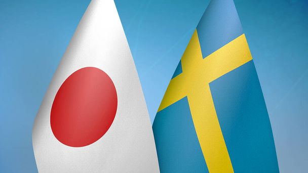 Japonya ve İsveç iki bayrak birlikte mavi arkaplan - Fotoğraf, Görsel