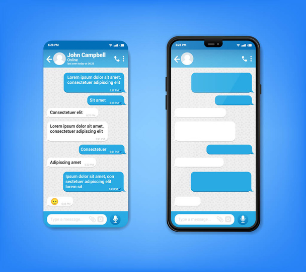 UI UX Telefono chat bot interfaccia blu. Telefono cellulare con SMS. Bulle di messaggistica di testo in applicazione mobile su uno smartphone, vettore - Vettoriali, immagini