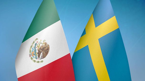 Meksika ve İsveç 'te iki bayrak birlikte mavi arka plan - Fotoğraf, Görsel