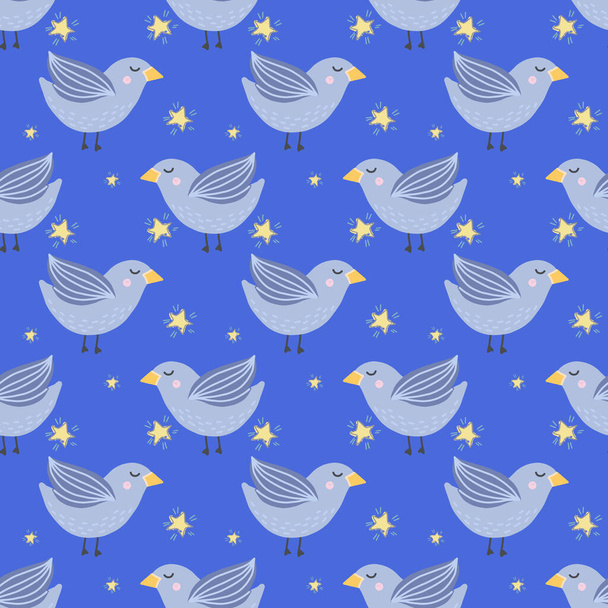 Υδατογραφία καρτούν πουλιά αδιάλειπτη μοτίβο σε μπλε φόντο βασιλικό για ύφασμα, χαρτί, scrapbooking, περιτύλιγμα - Φωτογραφία, εικόνα