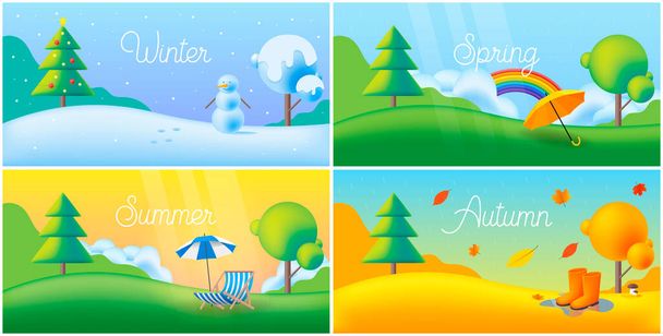 風景四季-冬、春、夏、芝生や木々と秋。ベクトルフラットイラスト。すべての季節の天気現象-雪、雪だるま、虹、晴れ、雨. - ベクター画像