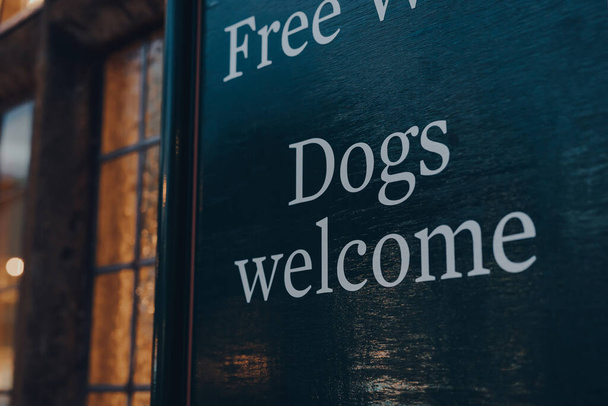Σκύλοι σημάδι καλωσορίσματος έξω από την παραδοσιακή αγγλική παμπ στο Stow on the Wold, Cotswolds, Ηνωμένο Βασίλειο, το βράδυ, επιλεκτική εστίαση. - Φωτογραφία, εικόνα