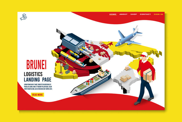 Moderní izometrický koncept Brunej Logistics Landing stránky s Global Logistics, Skladiště, Námořní nákladní doprava. Snadno upravitelný a přizpůsobitelný. Vektorová ilustrace - Vektor, obrázek