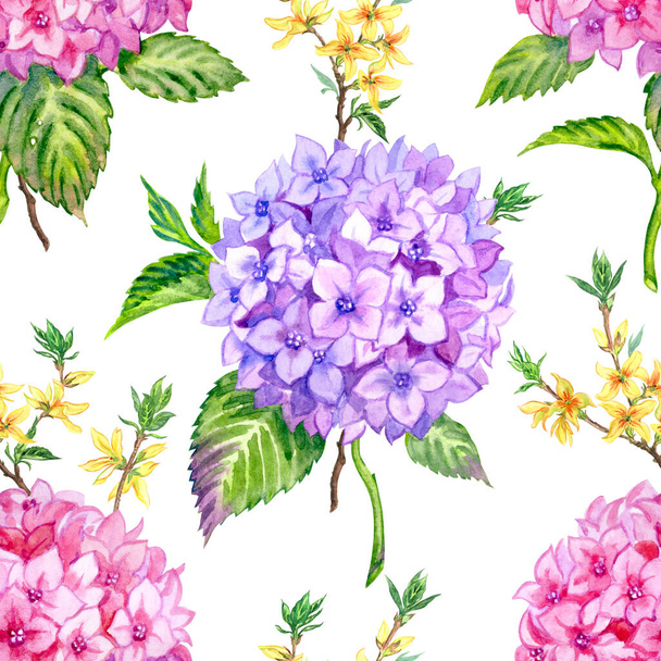 Hydrangea and forsythia seamless pattern on white background, watercolor illustration, flower print for fabric, wallpaper, wrapping paper and other designs. - Photo, Image