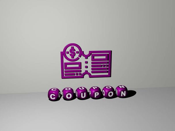 Representación 3D de COUPON con icono en la pared y texto dispuesto por letras cúbicas metálicas en un piso espejo para el significado del concepto y presentación de diapositivas. ilustración y fondo
 - Foto, imagen