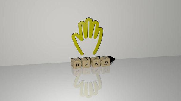 Graficzny obraz dłoni 3D pionowo wraz z tekstem zbudowanym metalicznymi literami sześciennymi z górnej perspektywy, znakomicie nadający się do prezentacji koncepcyjnej i pokazów slajdów. Ilustracja i tło - Zdjęcie, obraz