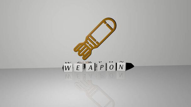 3D graphical image of weapon vertically along with text built by metallic cubic letters from the top perspective, excellent for the concept presentation and slideshows. illustration and background - Photo, Image