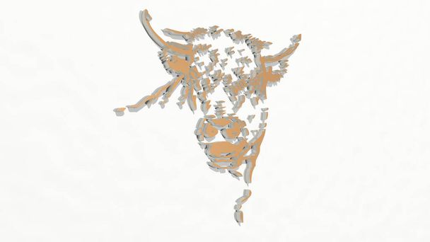 retrato de vaca enojada desde una perspectiva en la pared. Una gruesa escultura hecha de materiales metálicos de renderizado 3D. ilustración y fondo
 - Foto, Imagen