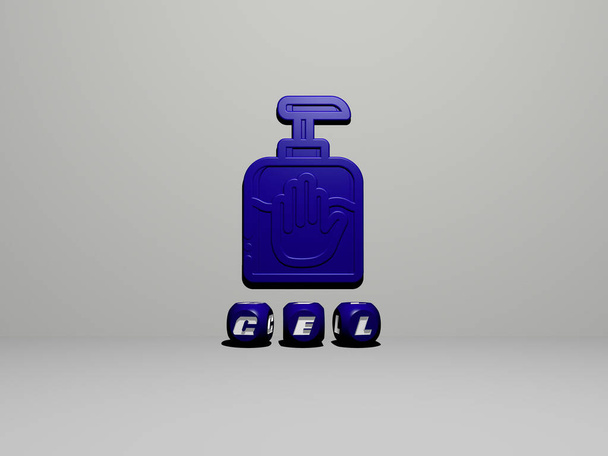 3D illustratie van GEL graphics en tekst gemaakt door metalen dobbelstenen letters voor de bijbehorende betekenissen van het concept en presentaties. achtergrond en zorg - Foto, afbeelding