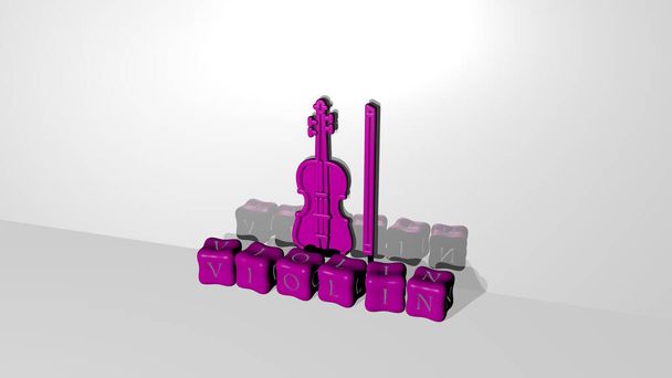 Representação 3D de violino com ícone na parede e texto dispostos por letras cúbicas metálicas em um piso espelho para significado conceito e apresentação slideshow. música e fundo
 - Foto, Imagem