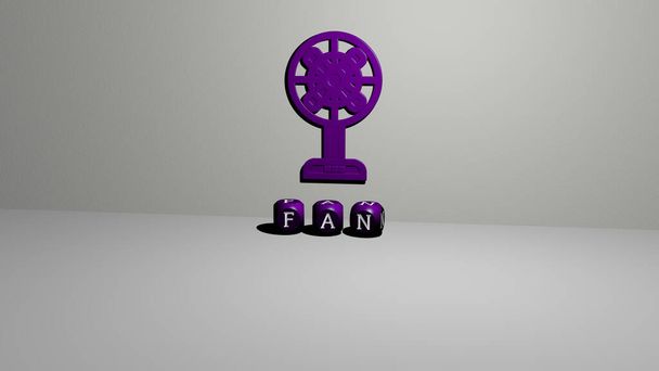 A FAN 3D-s grafikus képe függőlegesen, a felső perspektívából fémes kockás betűkkel készült szöveggel együtt, kiváló a koncepció bemutatásához és a diavetítésekhez. illusztráció és háttér - Fotó, kép