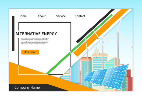 Alternative energy landing page template with solar panels and wind turbines. - Vektör, Görsel