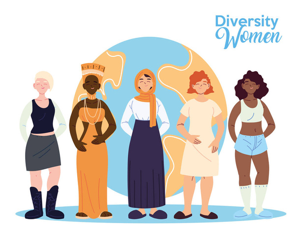 Dessins animés féminins de la diversité culturelle devant le design vectoriel mondial - Vecteur, image