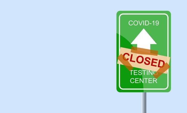 Znak kierunkowy Covid-19 zamknięte Centrum Testów Opieki Zdrowotnej. Projektowanie cyfrowe związane z wpływem wirusa na świat, społeczeństwo, gospodarkę i zdrowie. Świat zatrzymany przez koronawirusa. Pandemia. - Zdjęcie, obraz
