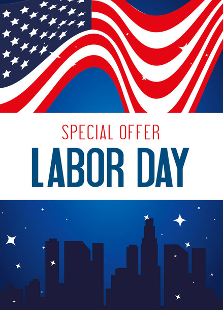 İşçi Bayramı reklam afişi, Birleşik Devletler bayrağı ve şehir silueti - Vektör, Görsel