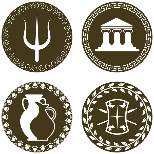 Set de logos antiguos con templo, ánfora y jarra, tridente de Poseidón, escudo y lanzas. Los símbolos de la antigüedad y Grecia. Historia y mitología griegas
 - Vector, imagen