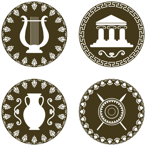 Conjunto de logotipos antiguos con ánfora, templo, escudo y lanzas, cítricos. Los símbolos de Grecia
 - Vector, Imagen