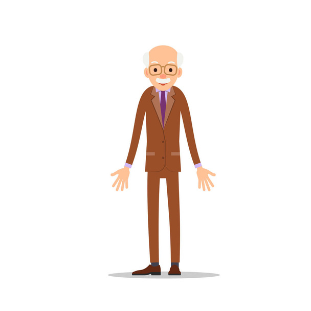 Старий. Літній чоловік стоїть і розтягує руки на боки. Мультяшна ілюстрація ізольована на білому тлі в плоскому стилі. Портрет старої людини, старшого чи дідуся
 - Вектор, зображення