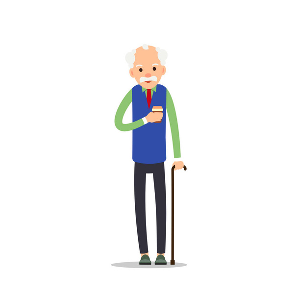Velhote. O homem idoso está de pé apoiando-se em sua varinha e segurando em sua mão beber café. Desenhos animados ilustração isolada sobre fundo branco em estilo plano. Retrato de comprimento total de velho humano, sênior
 - Vetor, Imagem