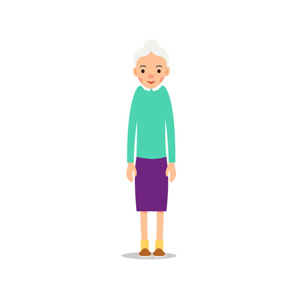 Vanha nainen. Iäkäs nainen seisoo. Kuvitus eristetty valkoisella pohjalla tasaisella tyylillä. Täyspitkä muotokuva vanhasta podie, vanhempi tai isoäiti - Vektori, kuva