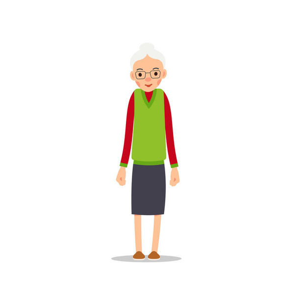 Old woman. Elderly woman stand and she put her hands down. Illustration isolated on white background in flat style. Full length portrait of old ladie, senior or grandmother - Vector, Image