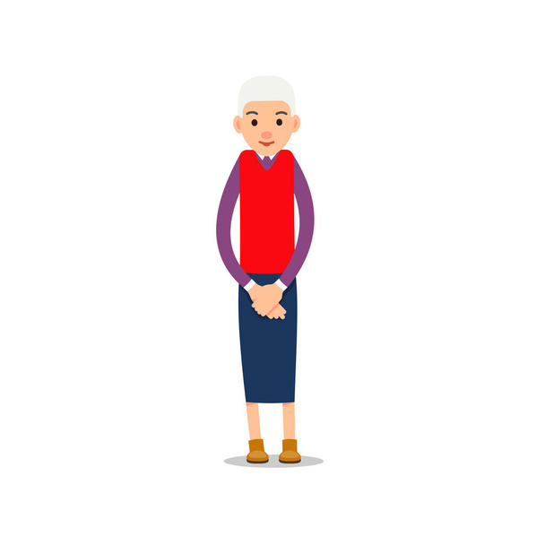 Old woman. Elderly woman stand and she put her hands down. Illustration isolated on white background in flat style. Full length portrait of old ladie, senior or grandmother - Vector, Image