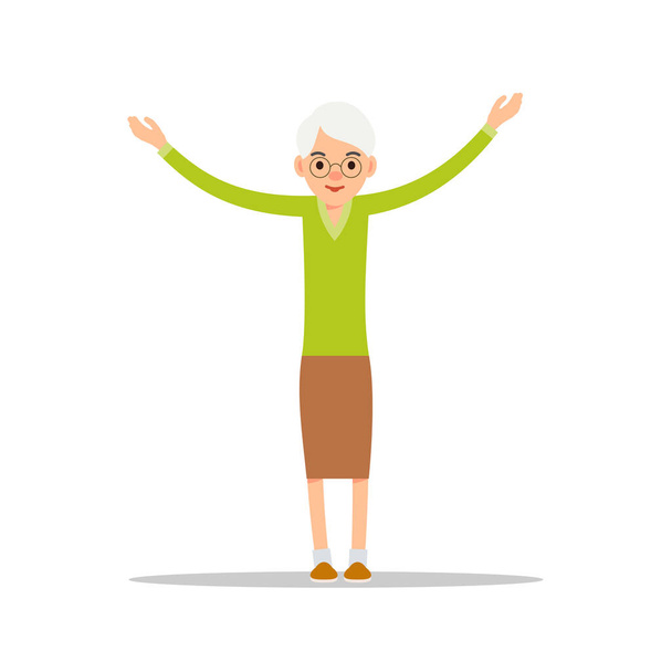 Γριά γυναίκα. Ηλικιωμένη γυναίκα σηκώνεται και σηκώνει τα χέρια ψηλά. Εικονογράφηση που απομονώνεται σε λευκό φόντο σε επίπεδη στυλ. Ολο το μήκος πορτρέτο της παλιάς ladie, ανώτερος ή γιαγιά - Διάνυσμα, εικόνα