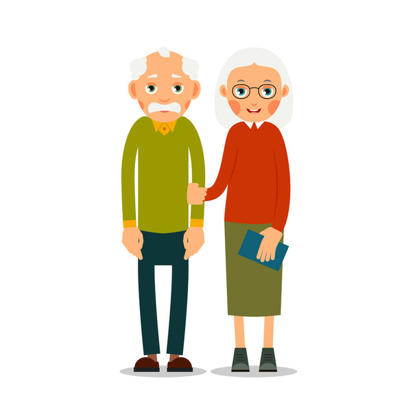 Couple older people. Two aged people stand. Elderly man and woman stand together and hug each other. Illustration isolated on white background in flat style - Vector, Image