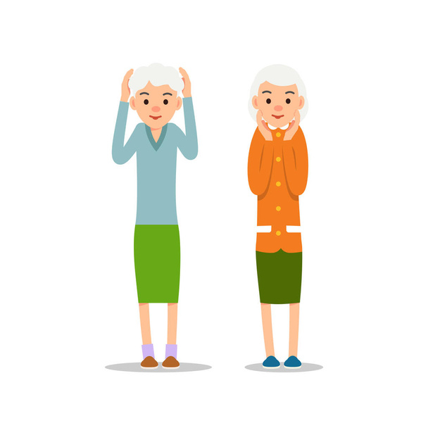 Стара жінка. Двоє старших стояти з руками вгору, голова в руках. Ілюстрація ізольована на білому тлі в плоскому стилі. Портрет старих леді, старшої або бабусі
 - Вектор, зображення