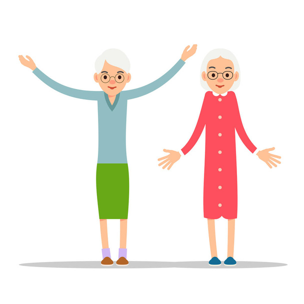 Старуха. Две старшеклассницы, одна пожилая женщина стоит с поднятыми руками, а другая женщина опустила руки и раздвинула их. Иллюстрация выделена на белом фоне в плоском стиле. Полнометражный портрет старушек, старших или бабушек - Вектор,изображение