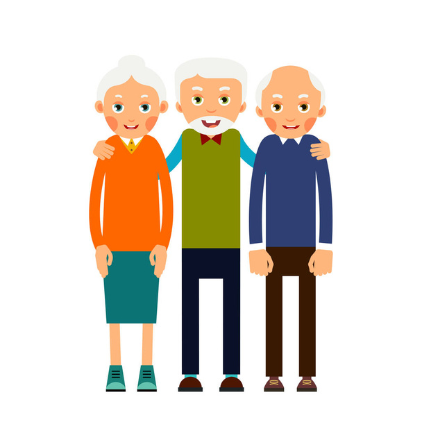 Vanhusten ryhmä. Kolme iäkästä seisoo. Iäkkäät miehet ja naiset seisovat yhdessä ja halaavat toisiaan. Kuva eristetty valkoisella pohjalla litteään tyyliin - Vektori, kuva