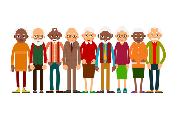 Raggruppa gli anziani. Persone anziane caucasiche e africane. Uomini e donne anziani. Illustrazione in stile piatto. Isolato - Vettoriali, immagini