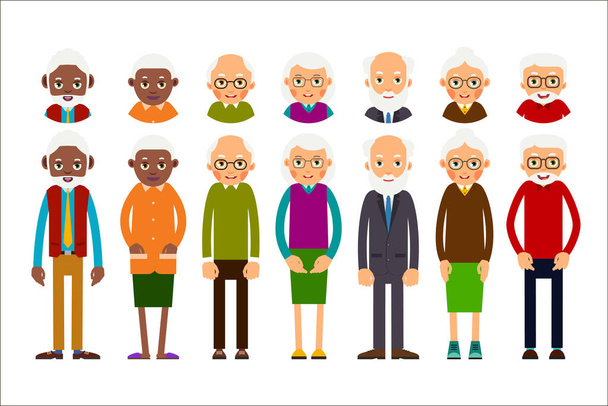 Set of diverse elderly people with avatars isolated on white background. Aged people caucasian and african. Elderly men and women. Illustration in flat styl - Vector, Image