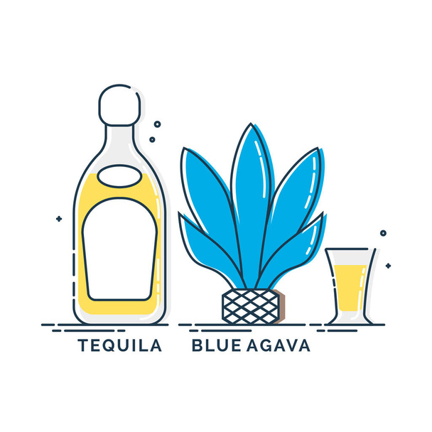 Produkt tequila blue agava w szklanej butelce ze szklanymi naczyniami w płaskim stylu. Napoje alkoholowe. Świetny projekt do dowolnych celów. Meksykański duch. Izolowany obiekt na białym tle. Napoje ekologiczne. - Wektor, obraz