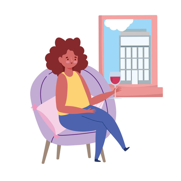 restaurant sociale afstand, vrouw met glas wijn op zoek naar venster houden een veilige afstand, preventie covid 19 coronavirus - Vector, afbeelding
